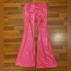 Neon Pink Metallic Cut Out Flare Festival Pants